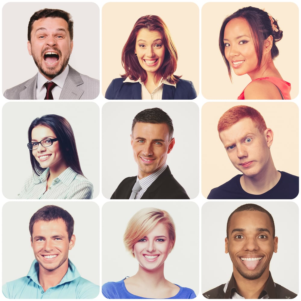 People faces collage. Diverse men and women isolated.