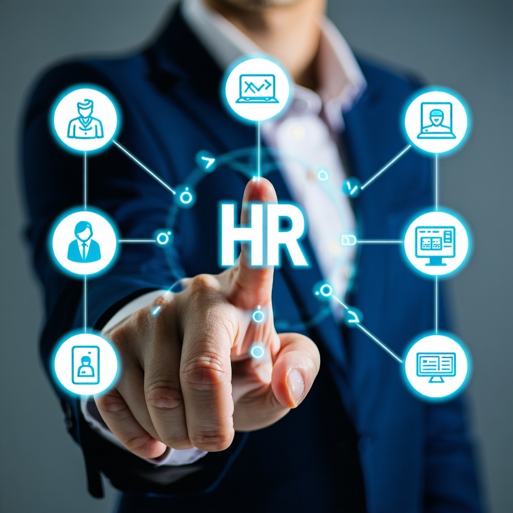 Business Person working in a HR Suite software with different symbols for HR Processes like Recruiting Onboarding etc dont show any face of the person like only a finger pointing on the symbols Make sure that the symbols are clear for the single proc